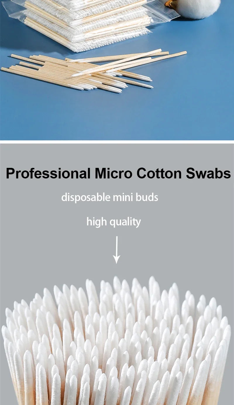 1000/200/100PCS Micro Wood Cotton Swabs Eyelash Extension Cleaning Tools Disposable Cosmetic Brush Buds for Beauty & Makeup