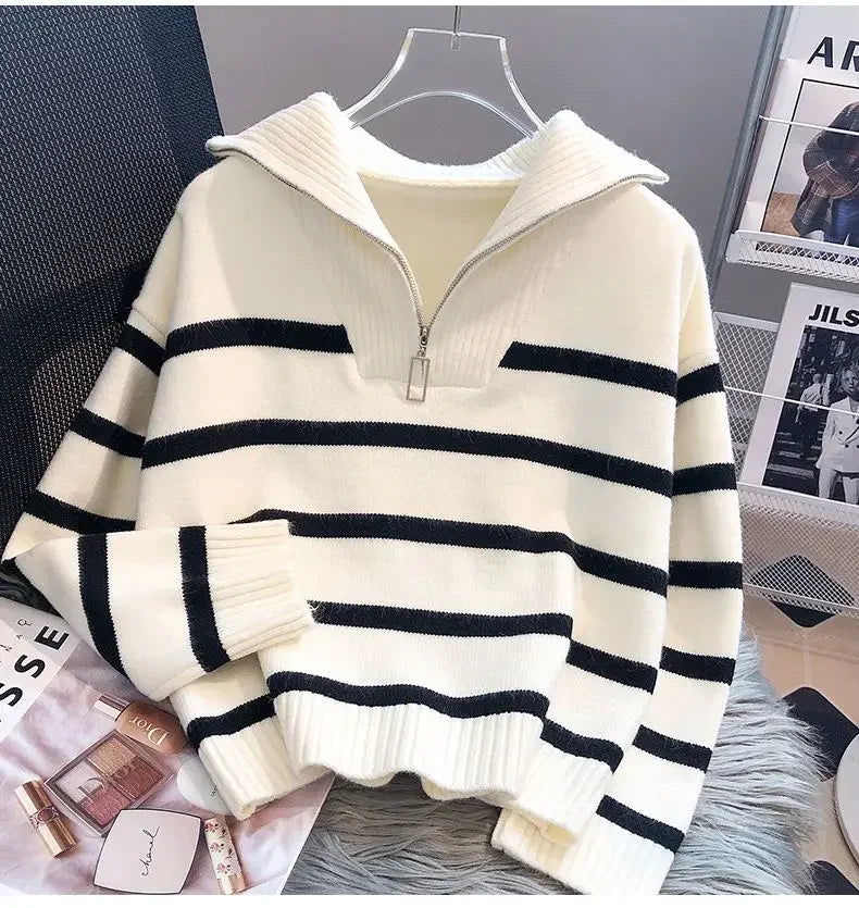 Sweater pullover women Spring and Autumn underwear 2023 New zipper stripe underlay short style popular premium sweater female