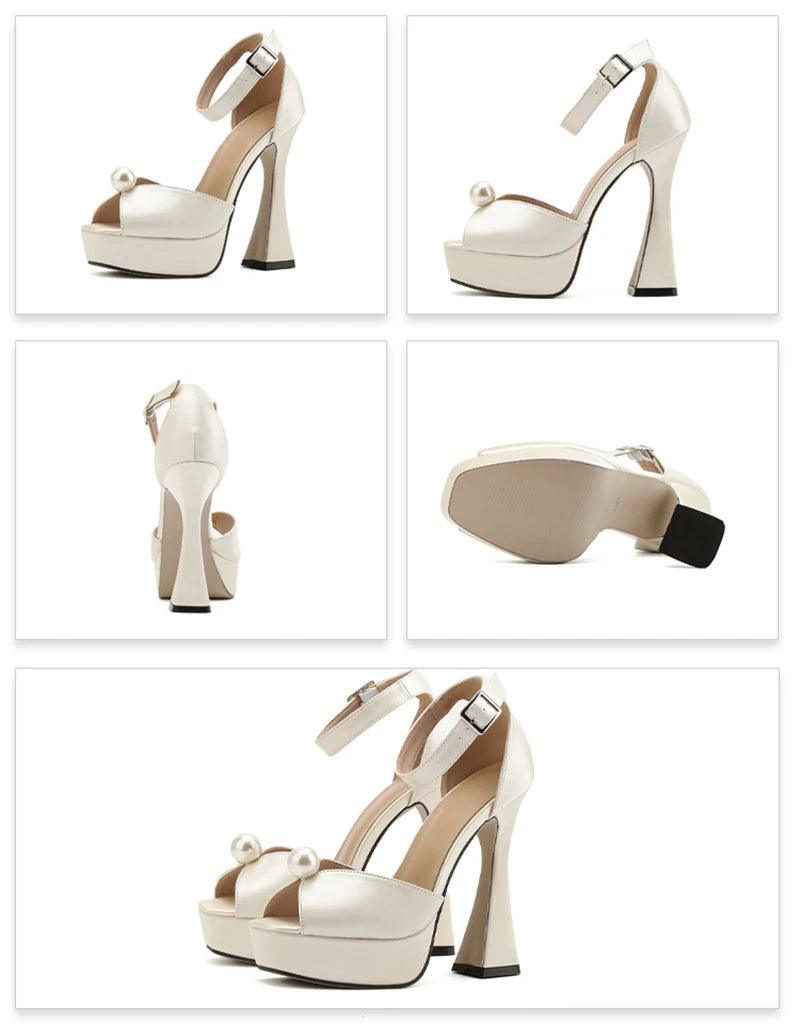 Liyke Brand Fashion White Black Chunky Platform Sandals Women Pearl Design Square Toe Super High Heels Elegant Party Prom Shoes