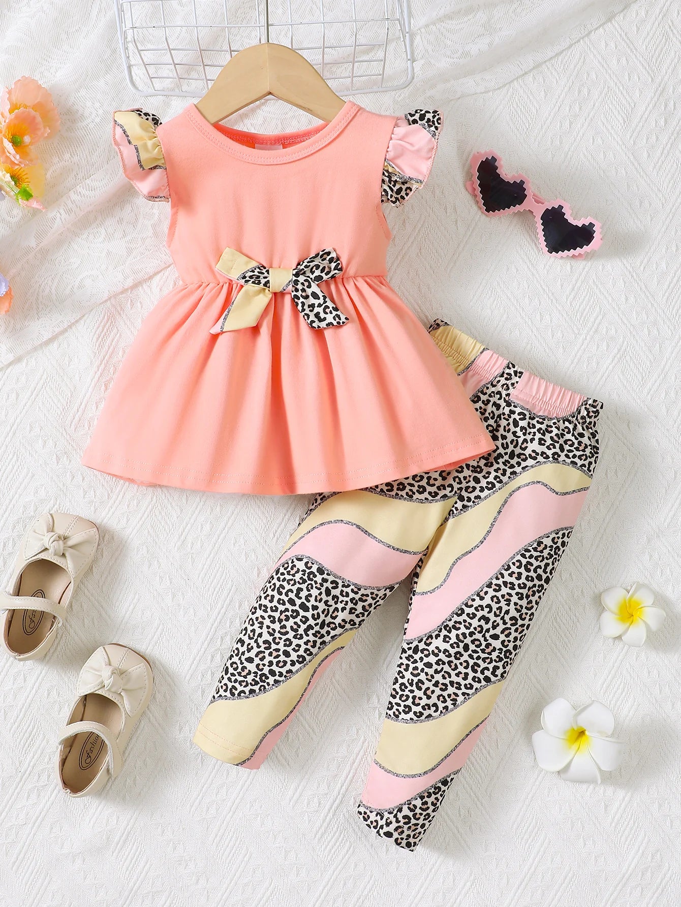New Baby Girl Casual Round Neck Sleeveless Dress Printed Pants Two Piece Set