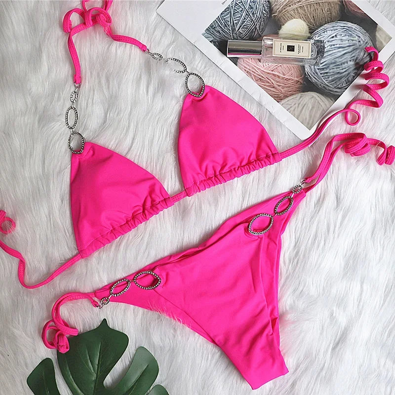 Metal Chains Rhinestones Diamond Bikini Women Swimsuit Female Swimwear Two Pieces Bikini Set Brazilian Bather Bathing Suit Swim