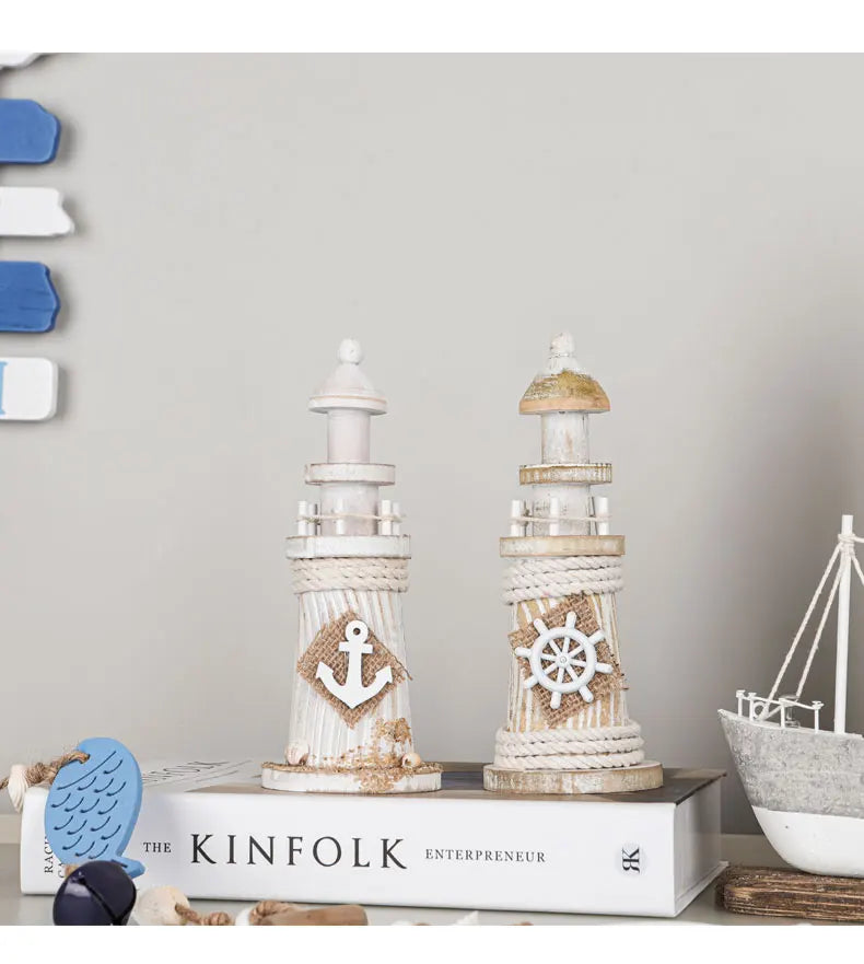 Mediterranean Style Home Decoration Figurines Desktop Ornaments Ocean Wooden Lighthouse Model Wood Ship Crafts Wall Decor Plaque