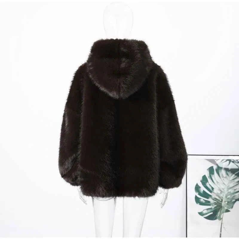Women Solid Faux Fur Hooded Pullover Casual Full Sleeve Warm Loose Thick Tops Lady New Daily Chic Elegant Winter Outwear 2025