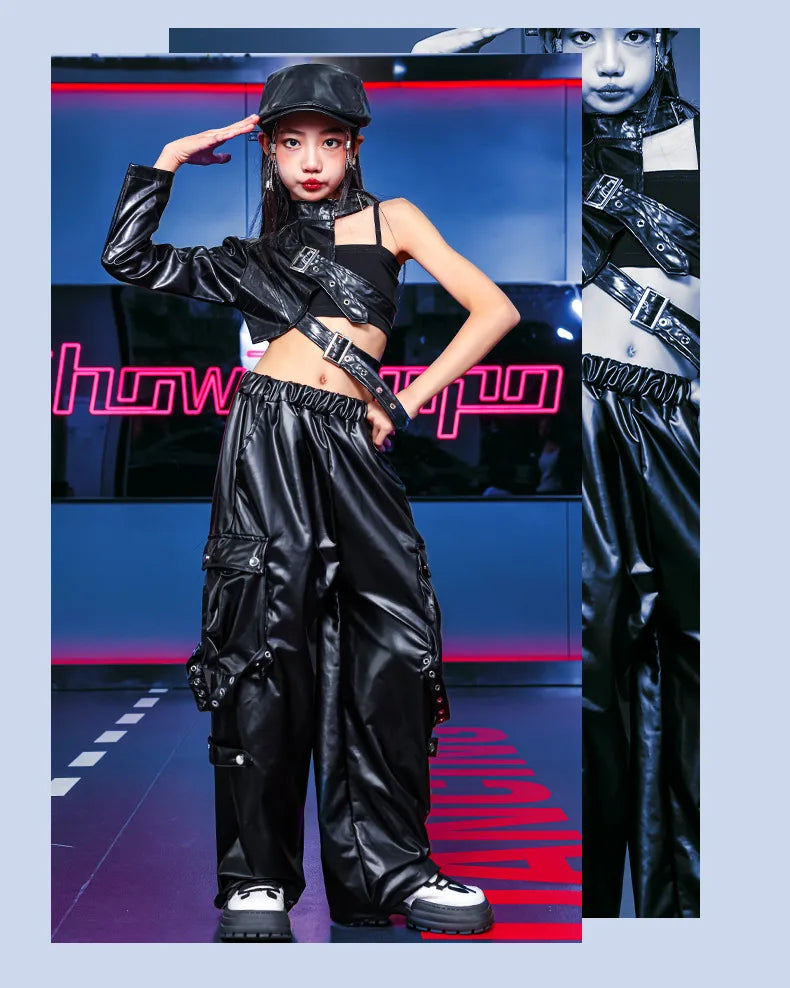 Kid Hip Hop Clothing T Shirt Crop Top Wine Red Arm Sleeve Faux Leather Casual Cargo Pants for Girl Jazz Dance Costumes Clothes