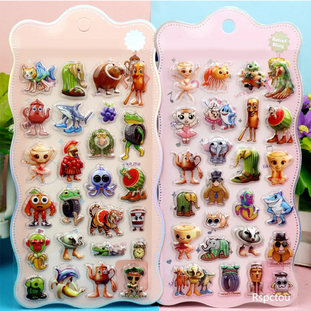 Cute Italian Brainrot Cartoon 3D Relief Stickers Funny Tung Tung Tung Sahur Bubble Decals Waterproof Decoration Sticker Toy