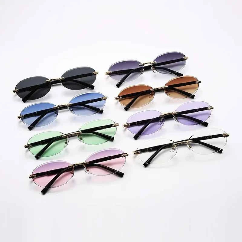 Popular Women Men Shades Oval Sun Glasses for Female Male Summer Traveling UV400 Rimless Sunglasses Round Fashion Gafas De Sol