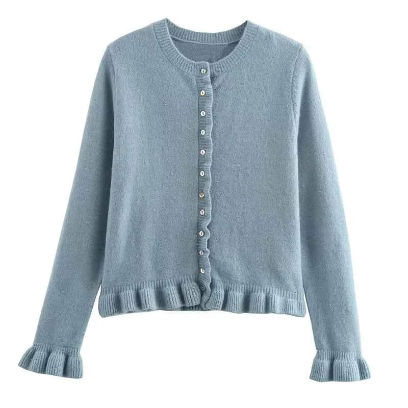 HXAO Sweater Cardigans Ruffle Long Sleeve Knitted Cardigan For Women Autumn Bolero Knitwears Button-Down Bluey Gray Cardigan