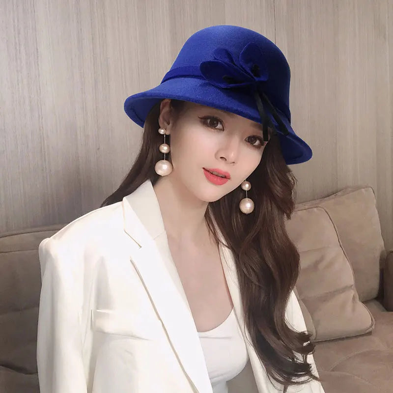 Women Elegant Wool Felt Fedoras Hat Autumn Winter Warm Solid Color Bow Bucket Dome Cap Ladies Fashion Retro Church Top Hats
