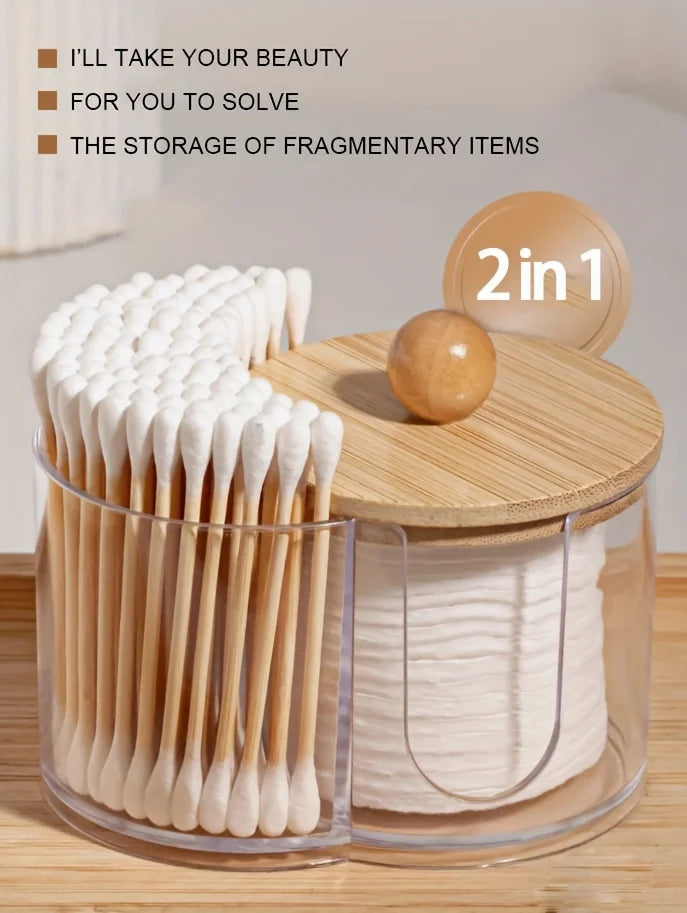Holder with Dual Compartments - Clear Cotton Swab and Cotton Balls Organizer - Transparent Bathroom Storage Container for Makeup