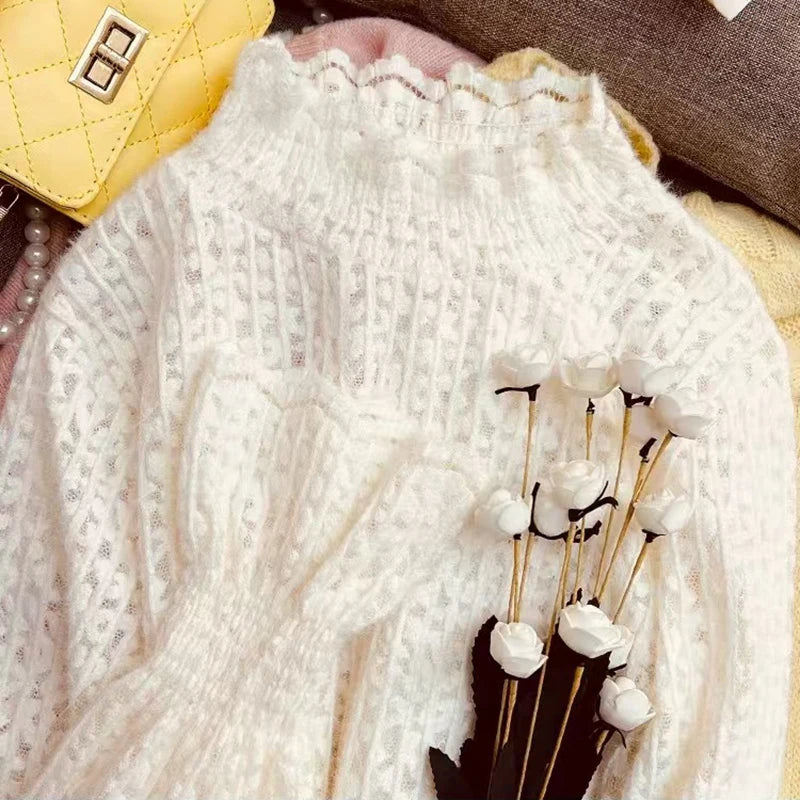 Lace Half Turtleneck Knitted Sweater Women Fall Winter Thick Warm Long Sleeve Pullover Korean Chic Slim Hollow Out Jumper New