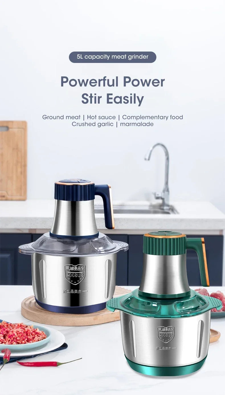 5L Large Capacity Electric Meat Grinder Food Crusher Vegetable Chopper Multifunctional Kitchen Blender Processor