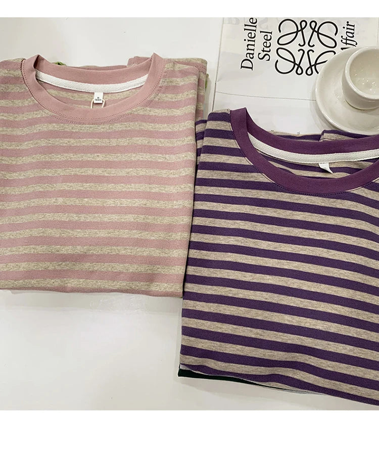 Summer Short Sleeve Striped T-Shirts Versatile Women Knitted Basic Casual Tops Female Cozy Loose Cotton Tees 2023 Harajuku Shirt