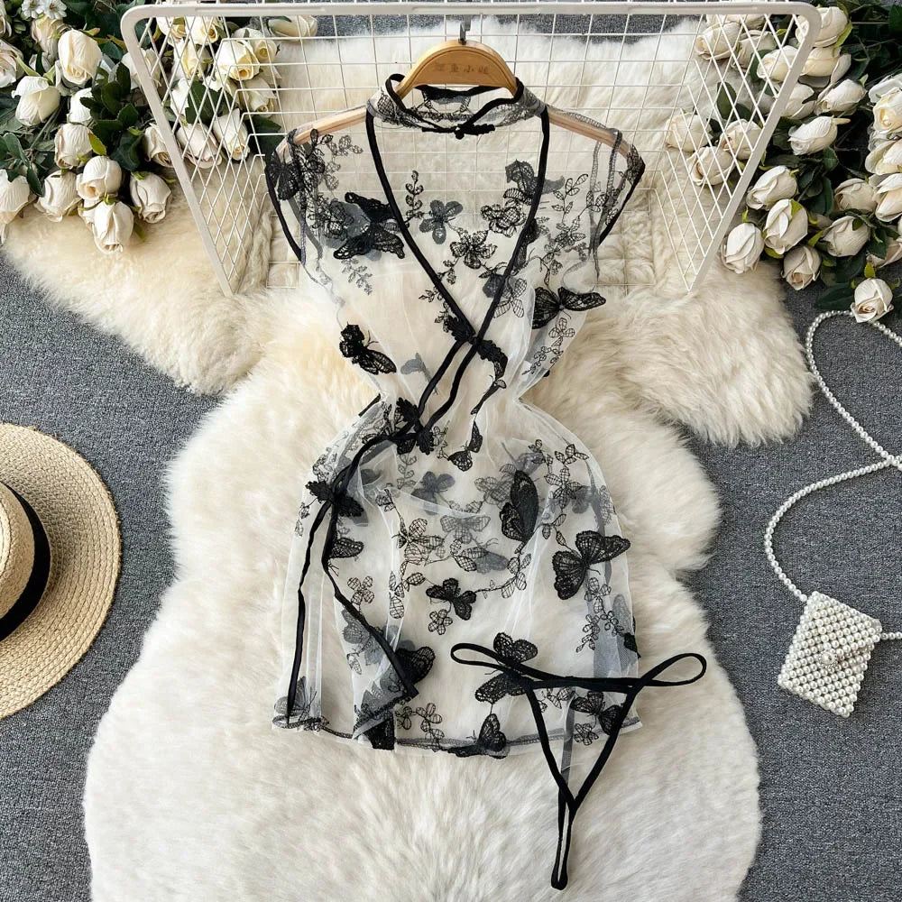 Summer Girls Sexy Hot Sweet Transparent Suspender Mini Dress Women Elastic Waist And Backless Strap Lolita Pajamas Bubble Skirt