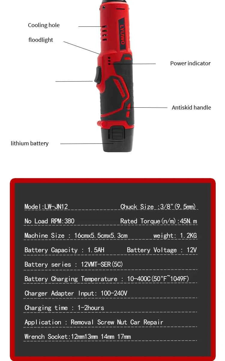 LYUWO 12V Cordless Right Angle Electric Wrench 45NM 3/8 Inch Ratchet Wrench Disassembly Nut Car Maintenance Tool With 4 Sockets