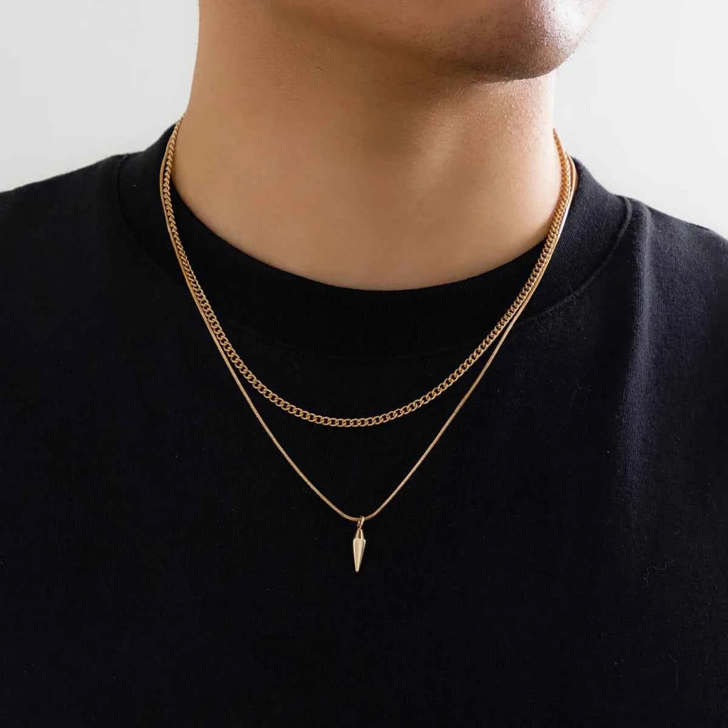 KunJoe 2pcs/set Stainless Steel Metal Rivet Pendant Thin Snake Chain Necklace for Men Punk Silver Color Cuban Link Chain Choker