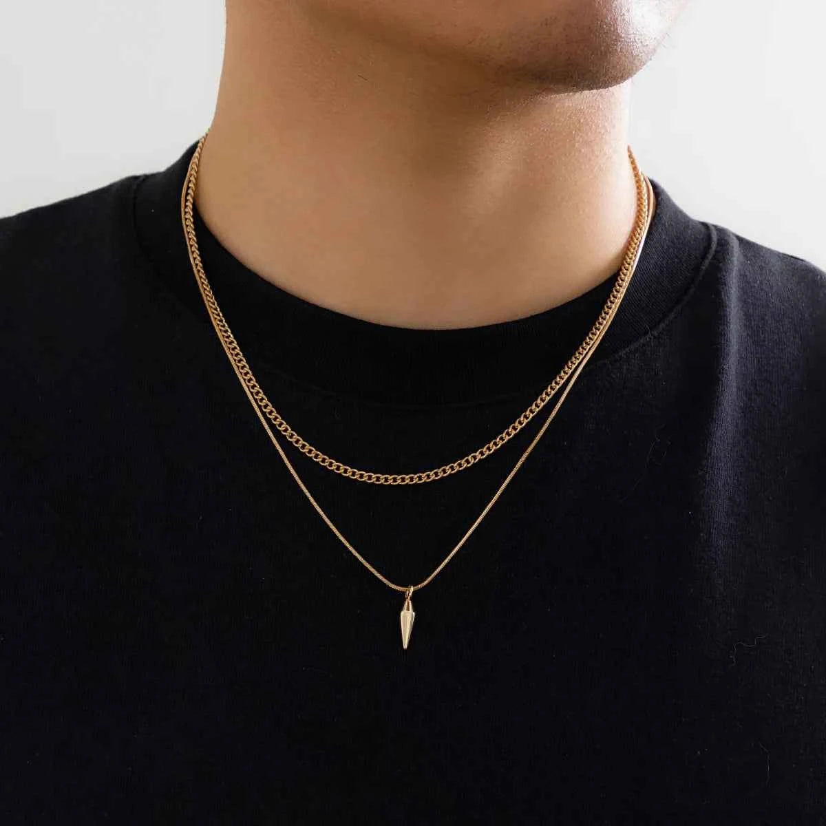 KunJoe 2pcs/set Stainless Steel Metal Rivet Pendant Thin Snake Chain Necklace for Men Punk Silver Color Cuban Link Chain Choker