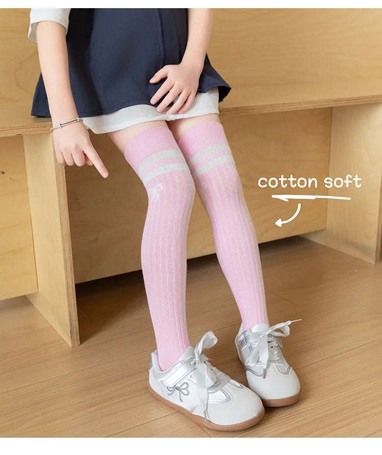 40CM Children's Long Socks Spring and Summer Girls' Bow Princess Skirt Paired with Knee High Sock Striped High Tube Cotton Socks