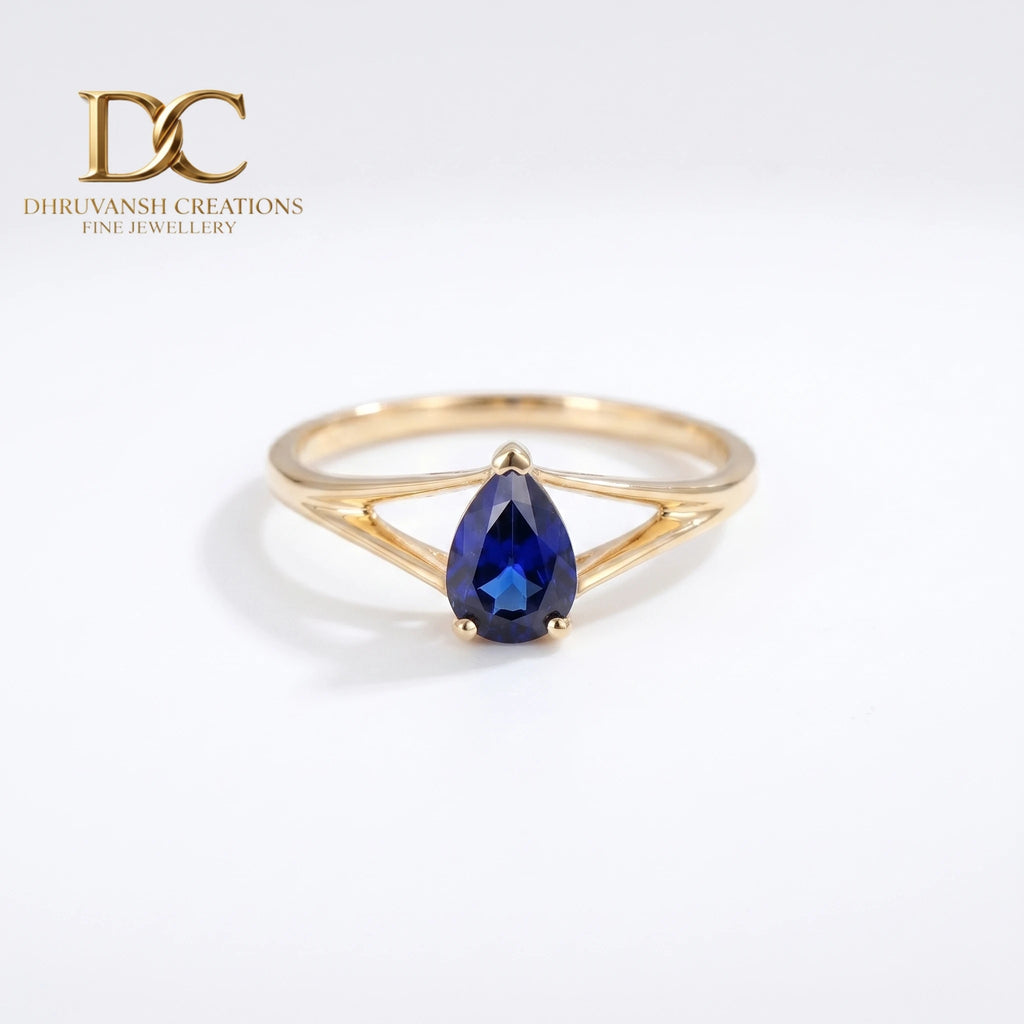 Luxury Fine 14KT Solid Yellow Gold Ring with Lab Grown Royal Blue Sapphire Women's Wedding & Party Jewelry