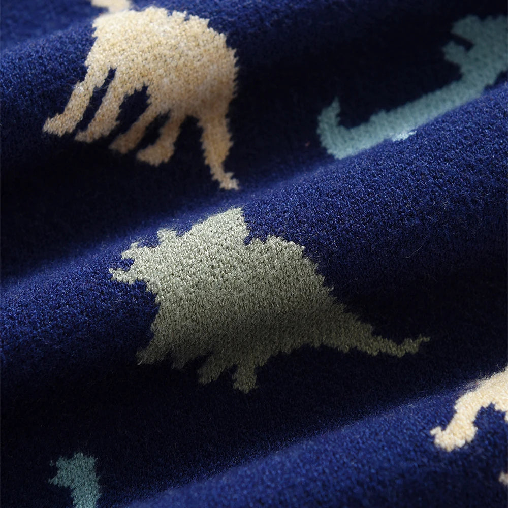 Boys' Navy Blue Dinosaur Printed Knitted Sweater 2-6Y Cute Pattern Pullover Toddler Autumn/Winter Top
