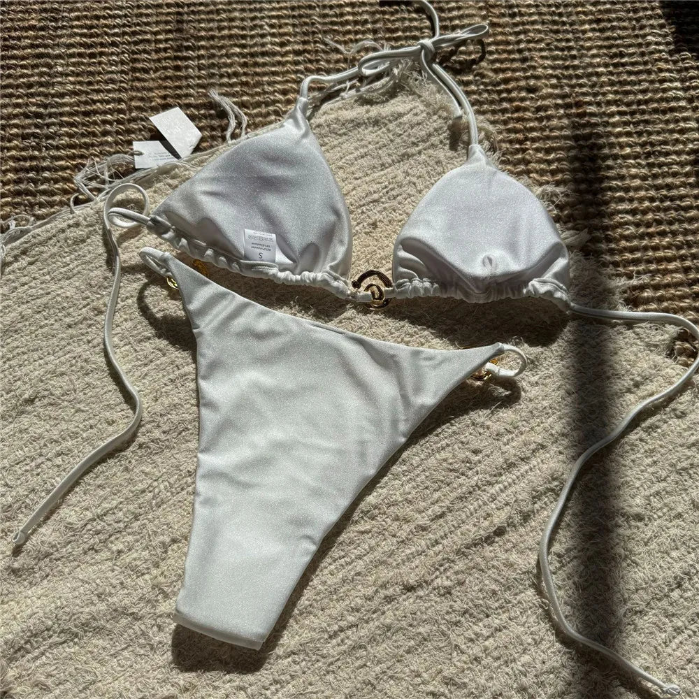 Solid Orange Swimwear Metal Ring String Halter Triangle Micro Bikini Thong Sexy Swimsuit Women 2026 Bathing Suit Bikinis Sets