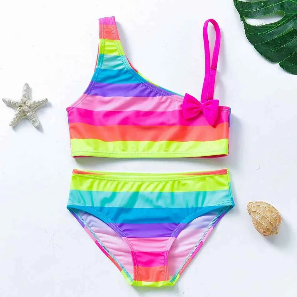 2-10Y New Fashion Kid Rainbow Design Bikini Set Lovely Two Pieces Child Swimwear Cute Girl Flouncing Swimsuit Summer Beachwear