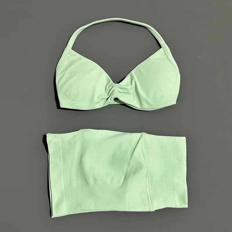 HISTELLO Gym Set 2 Piece Women Strappy Yoga Bra Top Workout Scrunch Shorts Sports Suit Fitness Clothes Seamless Yoga Set
