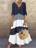 Color Blocked Printed Short Sleeved V-neck Button Up Women's Dress Street Versatile Artistic Retro Style Summer Dress