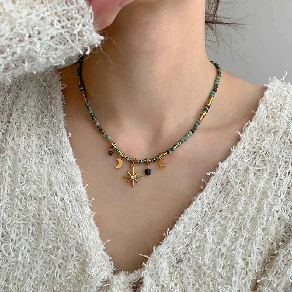 ZAKOL Vintage Bohemian Style Stone Beads Necklace for Women Charm Mang Star Pendant Stacked Clavicle Chain Fashion Jewelry Gifts