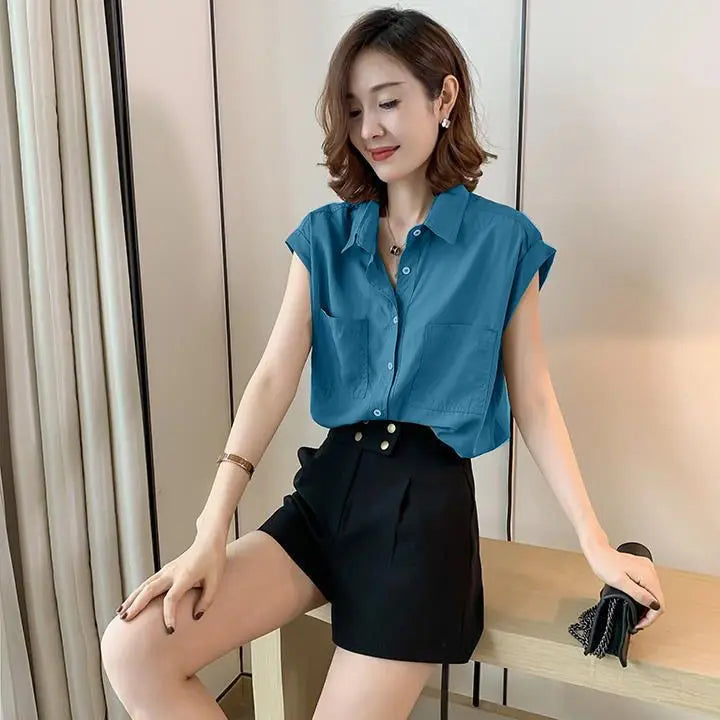 Korean Style Particular Beautiful  Blouses  Tops for Woman Youth Short Sleeve Floral Fashion Sexy Tunic Black Satin Shirt Woman