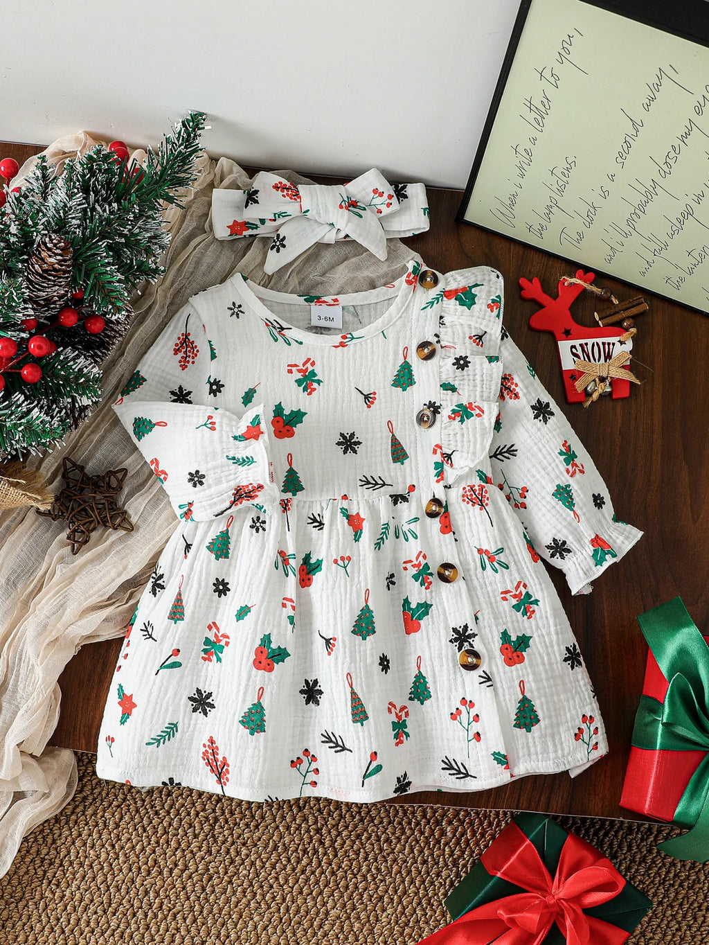 2Pcs Baby Girls Autumn Casual Dress Print Christmas Tree Pink Long Sleeve Knee Dresses With Button Cotton Soft 1-3Y +Headband