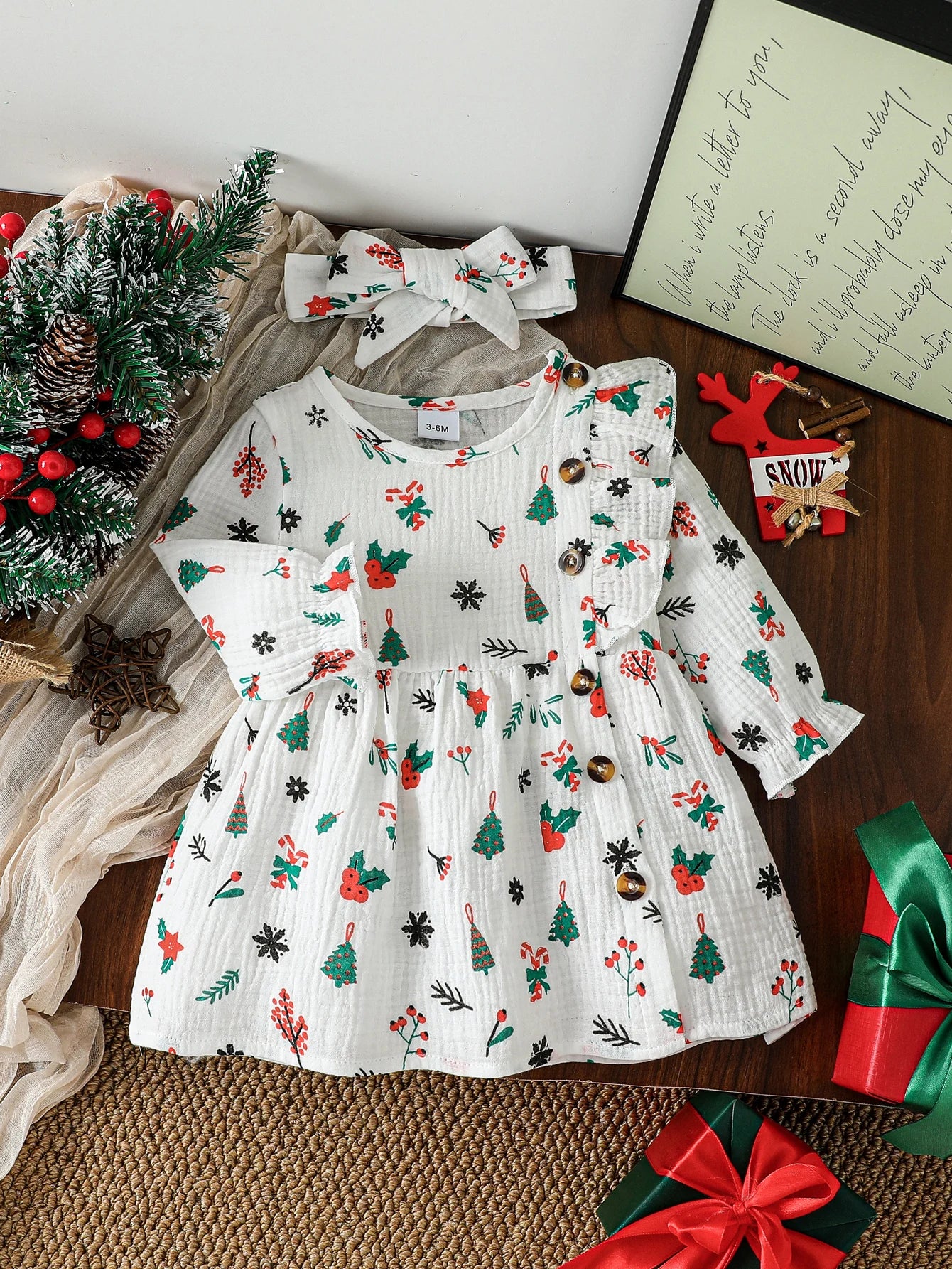 2Pcs Baby Girls Autumn Casual Dress Print Christmas Tree Pink Long Sleeve Knee Dresses With Button Cotton Soft 1-3Y +Headband