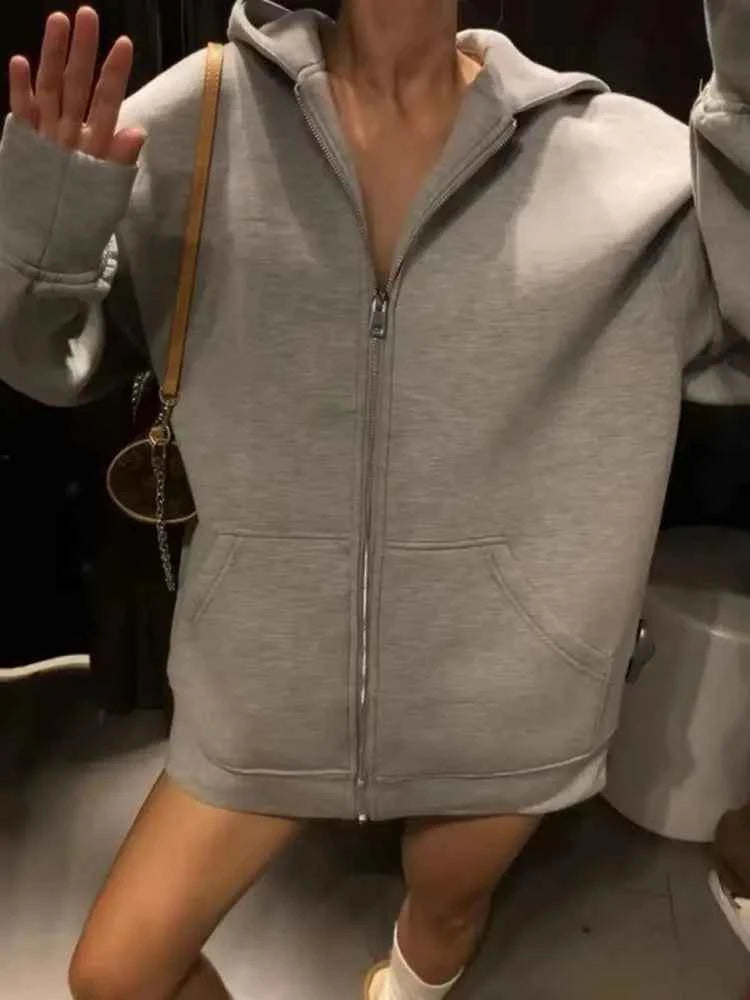 HH Winter New Women's Zipper Hoodie Coat High Street Double Pockets Jakcet Oversize Loose Sweatshirts Outerwear Top