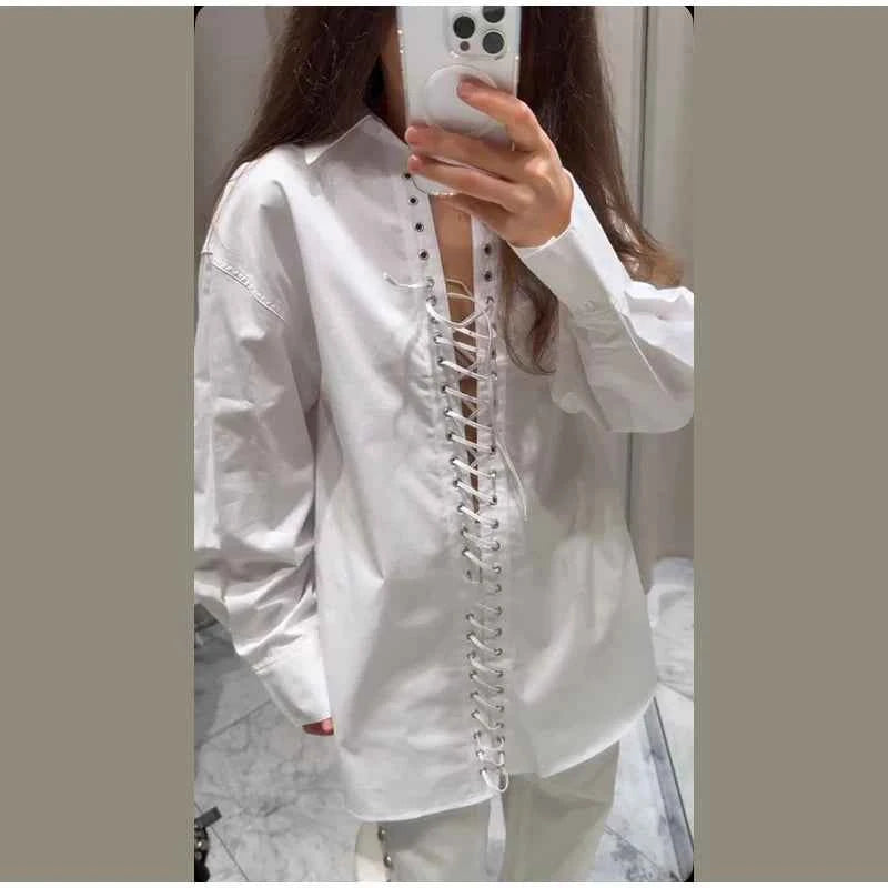 Fashion Lapel Long Sleeve Shirts & Blouses For Women Autumn Weave Drawstring Blouse Lady Holiday Street Chic Tops Ropa De Mujer