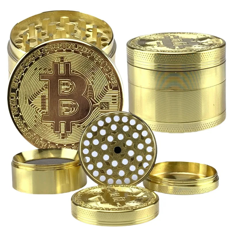 50mm Bitcoin Gold Herb Grinder 4-layer Spice Pepper Mill Mortar Metal Grass Tobacco Grinder Smoking Accessories Kitchen Tool
