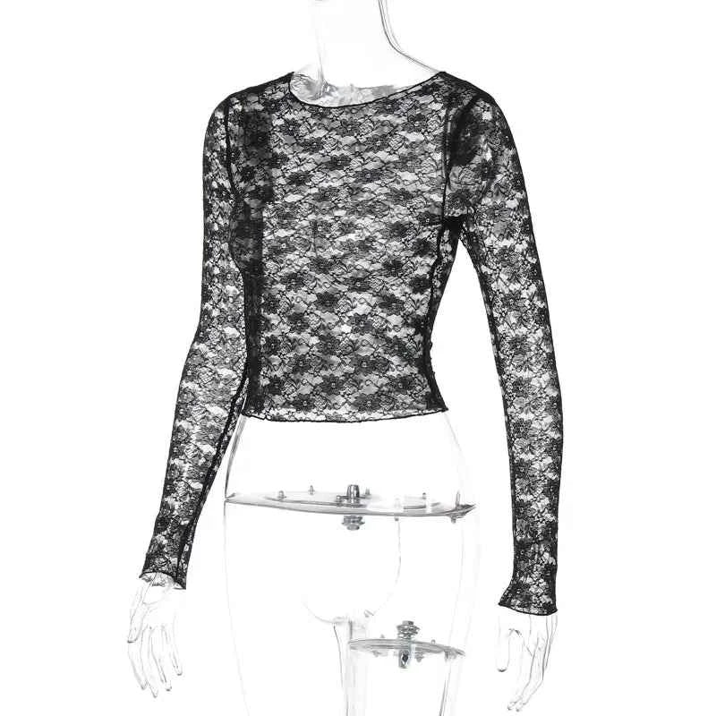 Mooyufon Long Sleeves See Through Lace Crop Top Solid Sexy Bodycon T-Shirt For Women Party Club Autumn Winter Clothes
