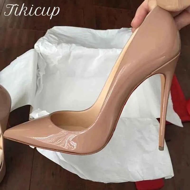 Tikicup Solid Nude Patent Women Pointy Toe Stiletto High Heels Slip On OL Wedding Party Dress Shoes Elegant Ladies Formal Pumps