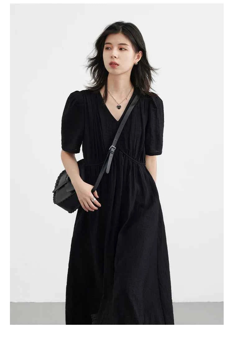 CHIC VEN Women Dresses French Style Vintage V-neck Puff Sleeve Long Dress Solid Black Loose Female Clothing Summer New 2023