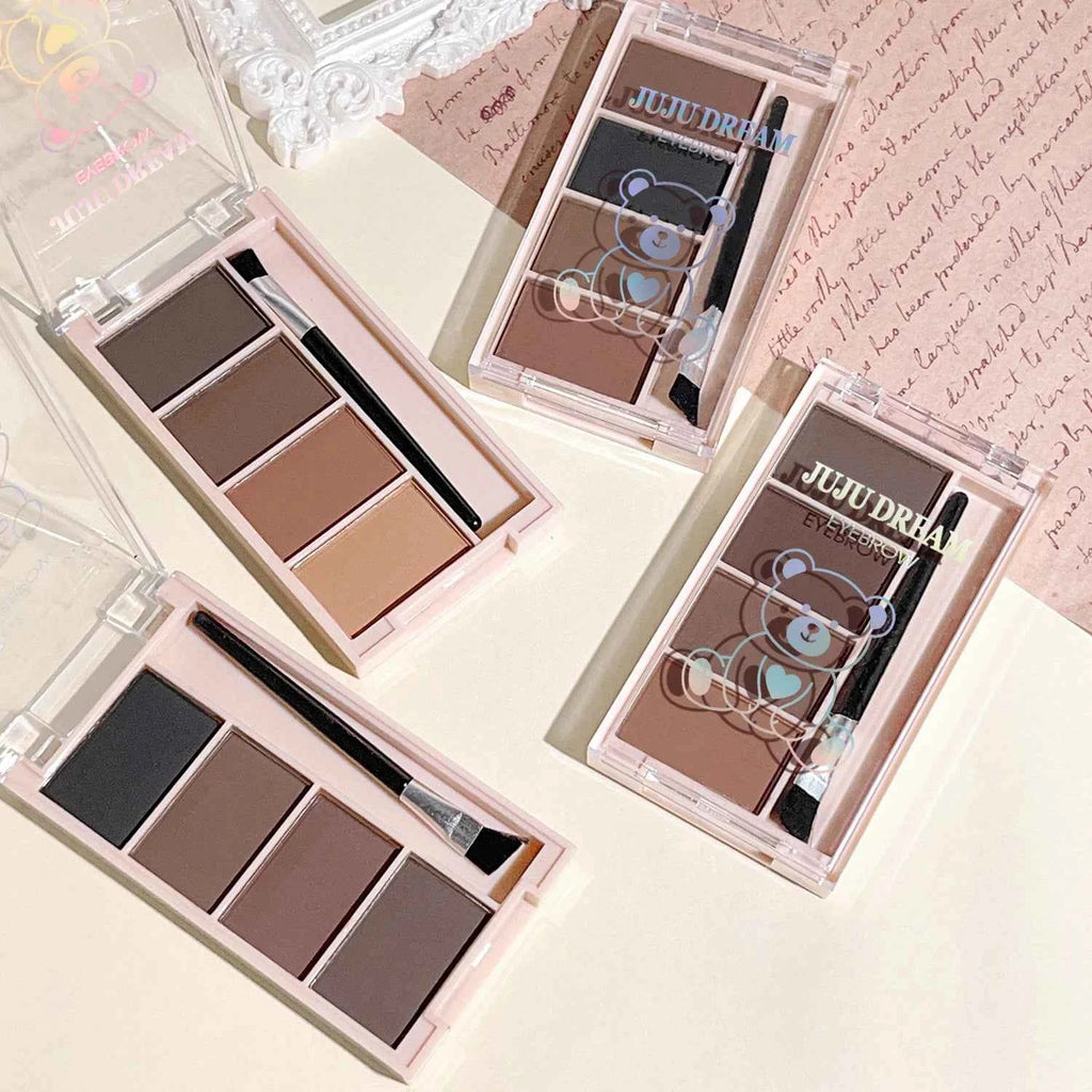 A set of 4-color eyebrow powder trays with brushes in gray and brown matte tones for long-lasting color rendering, filling and s