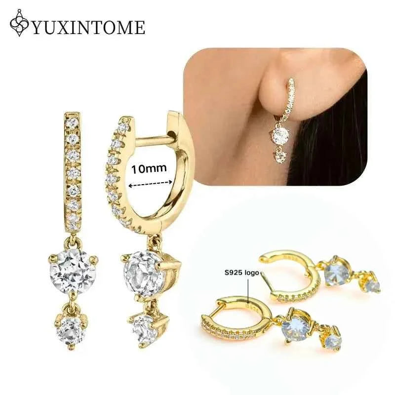 Women's 925 Sterling Silver Ear Needle Crystal Zircon Water Droplets Stud Hoop Gold Huggie Earrings Premium Luxury Party Jewelry