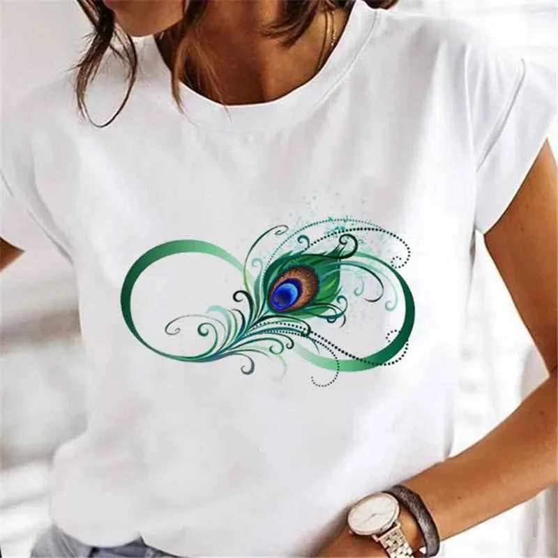 Women's Short-sleeved T-shirt Feather Fashion Print Instagram Base Shirt Women Clothes  Tops  Aesthetic Clothes Graphic T Shirts