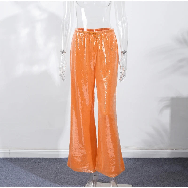 Loose Solid Color Sequin Pants Woman Cinched Waist Glitter Straight Baggy Long Pants Casual Street Chic Sparkle Women's Trousers