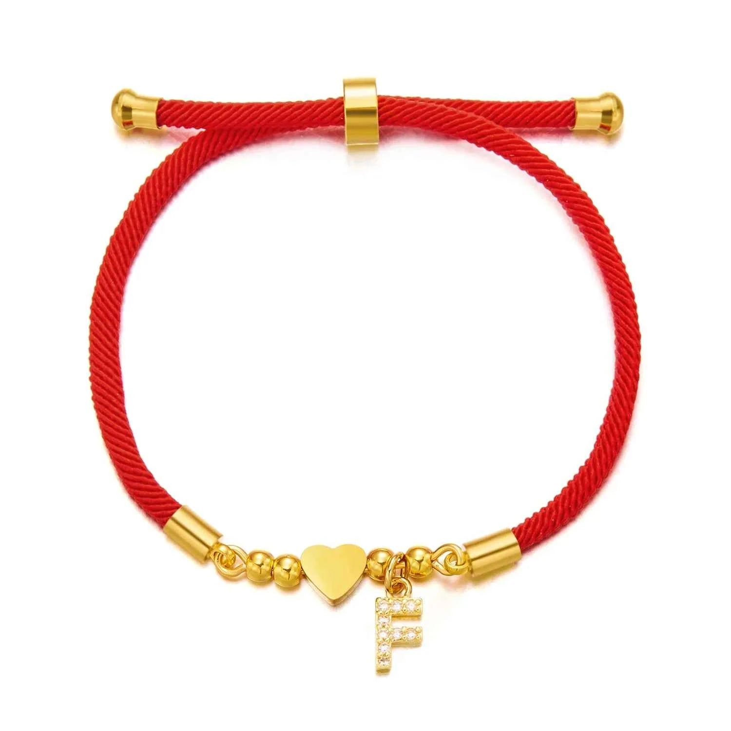 New Gold Stainless Steel Heart Initial Letter Bracelet - Red Rope Charm Jewelry for Men & Women, Lucky Gift