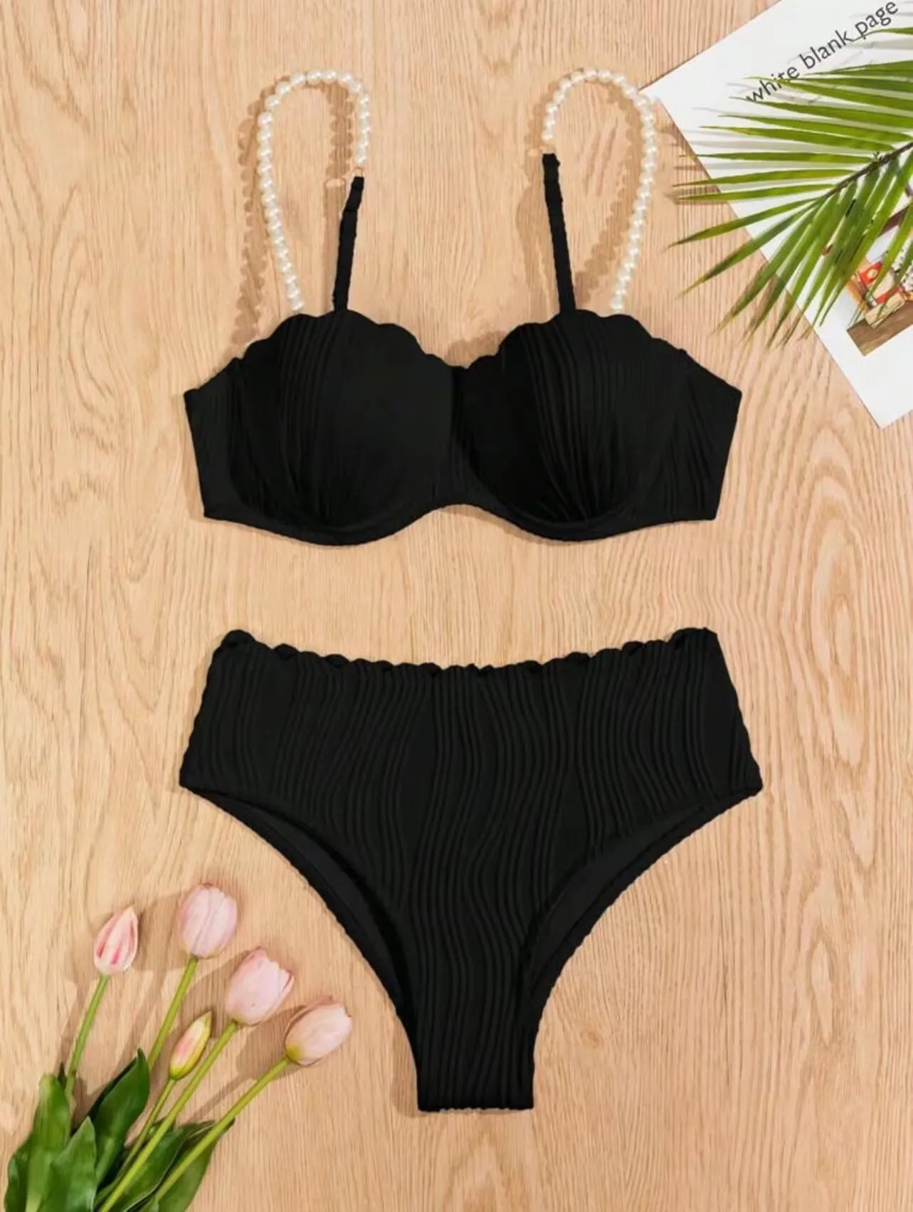 Sexy White Black Bikini Set 2025 Women Pearls Strap Ruffles Push Up High Waist Swimsuit Beach Bathing Suit Two Piece Swimwear