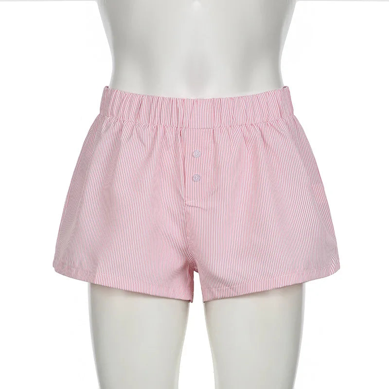Striped Print Casual Shorts for Women Elastic Waist Fashion Button Bottoms Streetwear Chic Basic Y2K Loose Shorts
