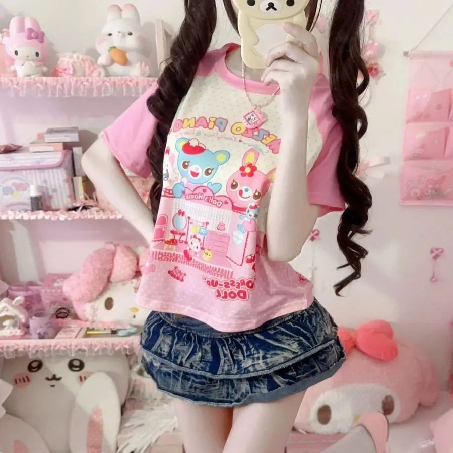 Cute Cartoon Short Sleeve T-Shirt for Girls Sweet Style Print Design Japanese Anime Fun Soft Material Straight Cut Fit