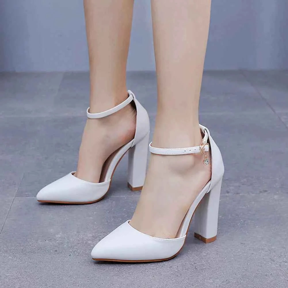 Crystal Queen Women 7CM Thick High Heels Sexy Pumps White Wedding Bride Shoes Pointed Toe Buckle Strap Sandals