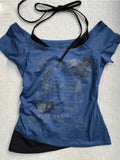 Vintage Fake Two Piece Halter Lace Up T-shirts Y2k Slim Fit Print Tops Women Off Shoulder Short Sleeve Tee Shirt