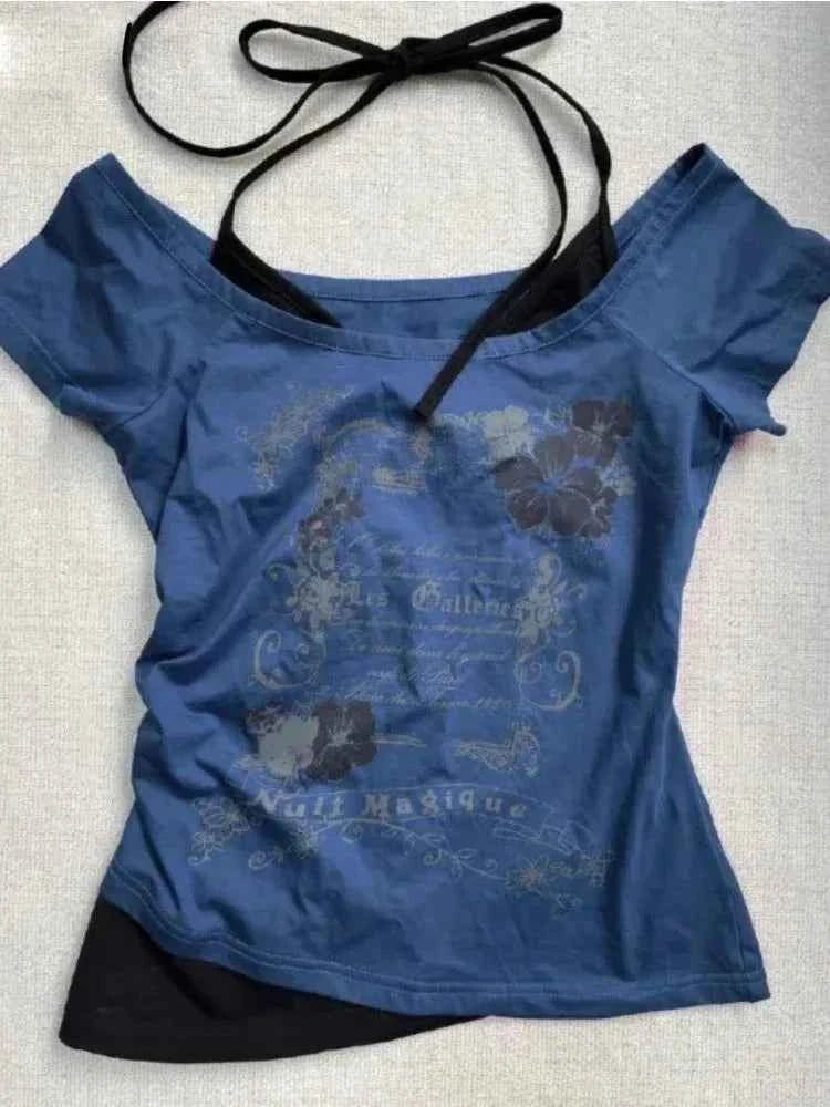 Vintage Fake Two Piece Halter Lace Up T-shirts Y2k Slim Fit Print Tops Women Off Shoulder Short Sleeve Tee Shirt