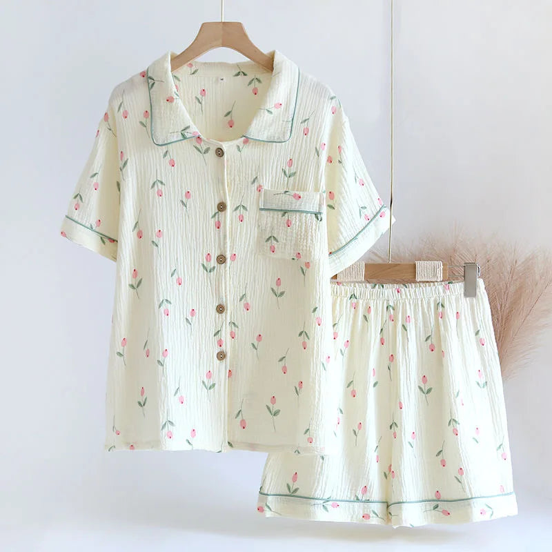 2025 Summer Women Pajamas Cute Tulip  Printing Sleepwear 100% Cotton Gauze Female 2 Piece Set  Nightwear Pyjamas Loungewear