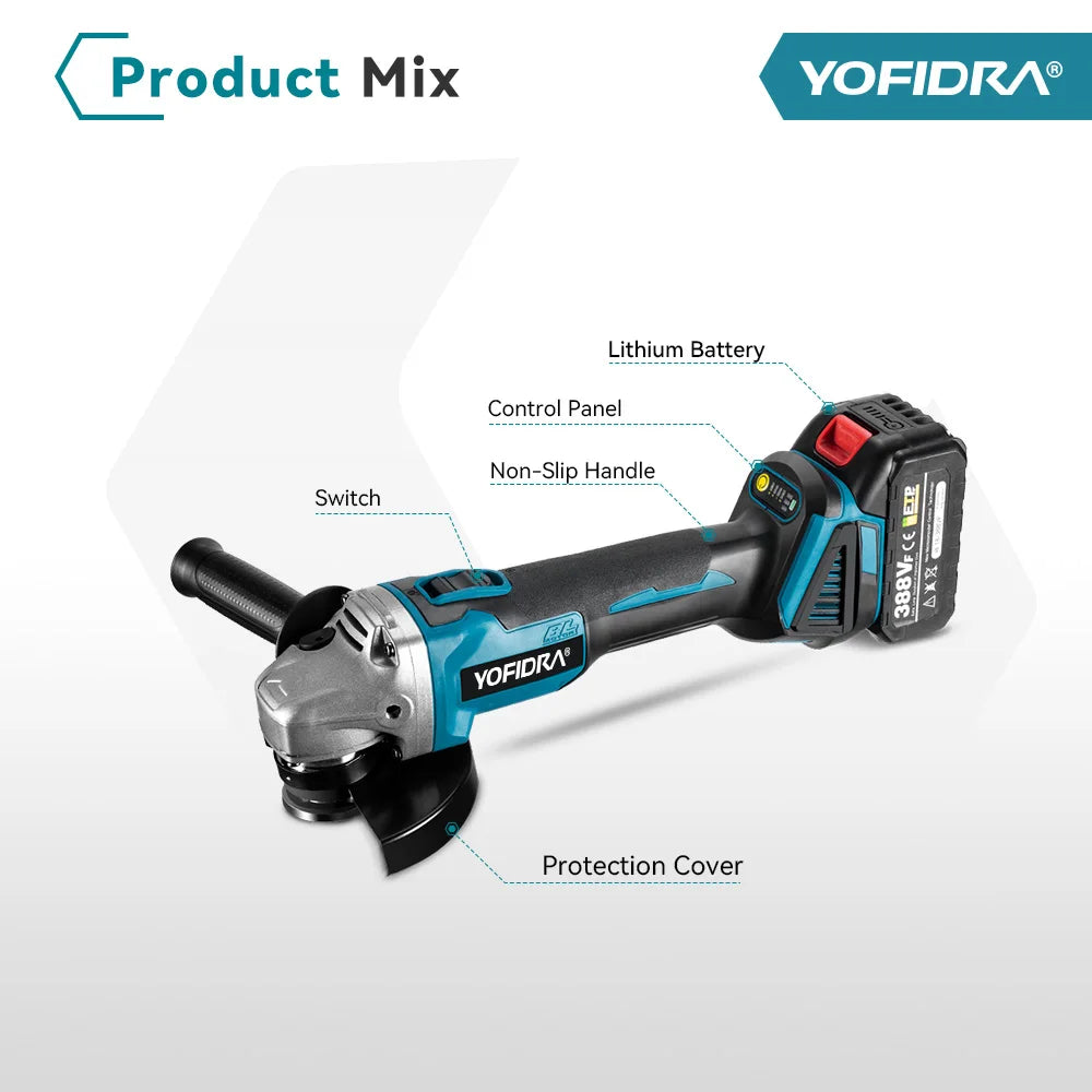 YOFIDRA 4 Gears Brushless Angle Grinder 125mm Cordless Cutting Polishing Cutting Machine Power Tool For Makita Battery Pin